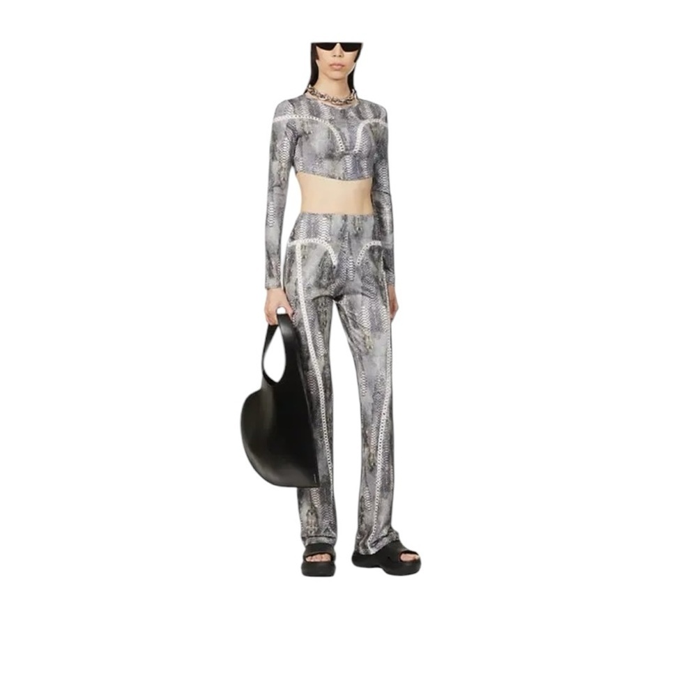 The Kript.  Black and Gray Metallic  High-Waisted Wide-Leg Pants